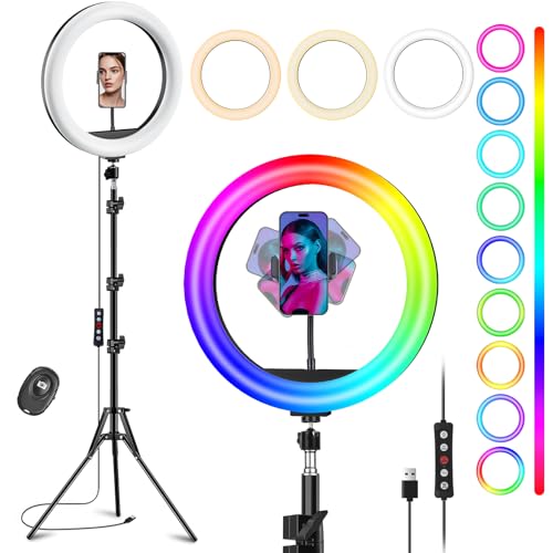 12'' Ring Light with Stand 75'' Tall & Phone Holder, 100+ Color Modes Selfie Light with Tripod Stand, Big LED Circle Lights for iPhone/Android/Camera/YouTube/Makeup/Live Stream/TikTok/Video - size: 12 inch - 29 RGB Lighting Modes