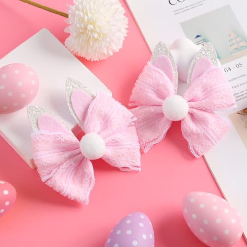 2PC Easter Bunny Ears Hair Bow Clips 4 Inch Rabbit Hair Accessories Spring Party Supplies Pink - color: Pink