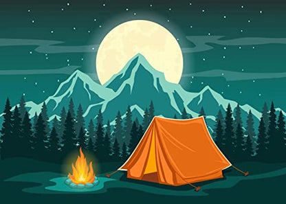 BELECO 15x10ft Fabric Cartoon Camping Backdrop for Photography Forest Scene Mountain Scenery Starry Night Full Moon Background Camping Themed Baby Shower Baby Kids Birthday Party Decoration Backdrop - size: 15x10FT