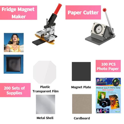 2X2 inch Square Refrigerator Photo Magnet Maker Machine, DIY Custom Badge Maker with Picture Cutter+200 Sets of Supplies +100 Sheets of Photo Paper