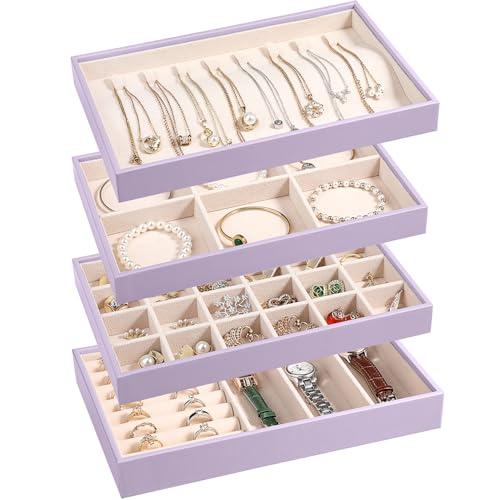 LANDICI Stackable Jewelry Organizer Trays 4 Set,PU Leather Jewelry Organizer Drawer,Jewelry Storage Display Tray for Earring Necklace Rings Bracelet with Removable Dividers,Lavender - color: Lavender