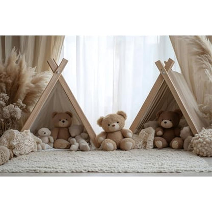 YongFoto Bear Theme Backdrop 7x5ft Tent Blanket Pampas Boho Photography Background Baby Shower Cradle Ceremony Kid Birthday Party Banner Baby Portraits Photoshoot Wallpaper Photo Studio Booth Prop - color: Style 2, size: 7ftx5ft