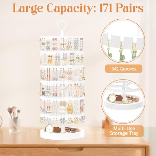 iDavosic.ly 6 Tier Rotating Earring Holder Organizer with Wooden Tray, Large Dangle Display Stands Tree with 342 Plastic Grooves, Adjustable Hoop Storage Rack, Space Saving Tower, White - color: Glossy White, size: 6 Tiers