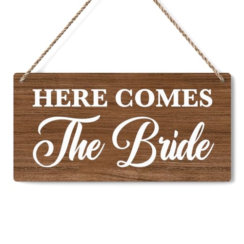 Rustic Wedding Sign Here Comes the Bride, Ring Bearer Sign, Funny Wedding Decor Weddings Stuff Engagement Decorations 12x6 Inches (Brown) - color: The bride