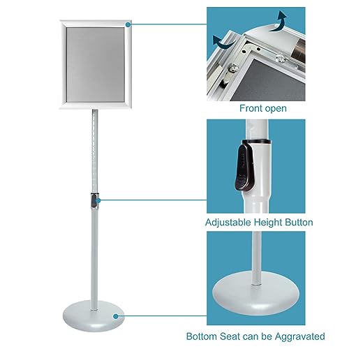 Adjustable Pedestal Poster Sign Stand with Heavy Duty Base Sign Holder Aluminum Snap Open Frame for 8.5 x 11 inches Both Vertical and Horizontal View Displayed Used for Living and Business(Silver）