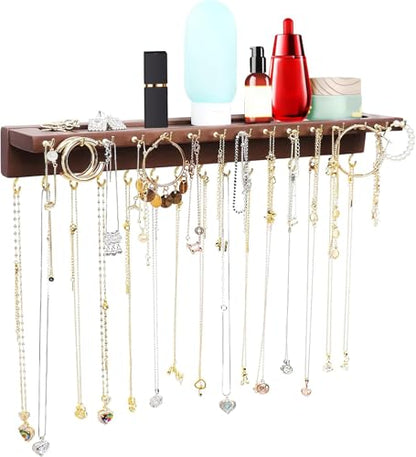 YYILIS Necklace Holder, Upgraded Extra Large Wall Necklace Organizer with 30 Hooks Wall Mounted Necklace Hanger with Jewelry Tray/Cosmetics Shelf Rustic Pine Wood Holder (Walnut) - color: Walnut