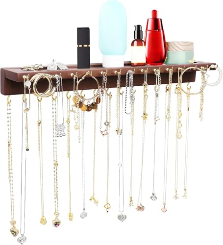 YYILIS Necklace Holder, Upgraded Extra Large Wall Necklace Organizer with 30 Hooks Wall Mounted Necklace Hanger with Jewelry Tray/Cosmetics Shelf Rustic Pine Wood Holder (Walnut) - color: Walnut