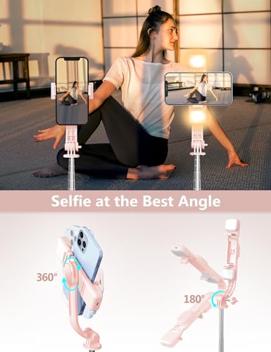 Selfie Stick with Light, 45'' Selfie Stick Tripod with Wireless Remote, Portable Travel Phone Tripod Compatible with iPhone 15 Pro Max/15/14 Pro/14/13, Samsung S22/ S23 Ultra/Android Smartphone (Pink) - color: Pink - 45" Standard Height