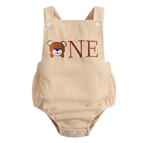 IMEKIS Baby Girls Boys Boho 1st Birthday Outfit Backless Overalls Romper for Cake Smash Photo Shoot - color: Khaki Bear One, size: 12-18 Months