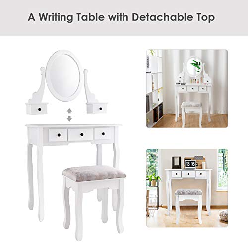 Giantex Girl Vanity Set with 5 Drawers, Makeup Dressing Table with Cushioned Stool for Modern Bedroom Apartment, White Vanity Desk for Women - color: White, style: 5 Drawers