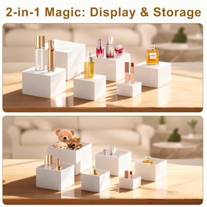 6Pcs White Acrylic Buffet Risers with Mini Sign, Food Risers for Buffet Table, Dessert Table Display Set, Display Stand Shelf for Party, Catering, Jewelry & Collectibles (3" 4" 5" 6" 7" 8" )