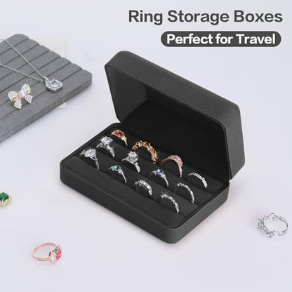 KUKUVR Velet Ring Storage Box, Travel Jewelry Case with 3 Slot Ring Display Organizer (Black) - color: Black