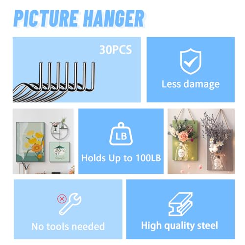 FURHUA 30pcs Black Super Hook Picture Hangers and Office Pack, Drywall Hooks for Hanging Pictures, Wall Hooks, Picture Hangers, Picture Hanging Kit，Hang Art, Clock, Shelves, Mirrors - style: Black