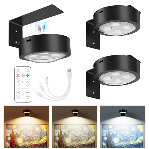 Brightown 3-Pack Picture Lights for Wall,Rechargeable Battery Operated Painting Light Magnetic Art Display Light with Remote, Puck Lights, Dimmable & Timer Art Lighting for Paintings Wireless,Black - size: 3PACK