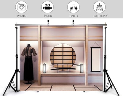 6x6ft Japanese Style Samurai Room Backdrop Katana Display Round Window Photography Background for Samurai Themed Party and Cultural Event Decorations Tapestry Photo Booth Props - size: 6x6ft