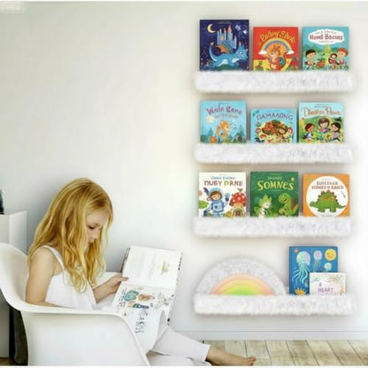 1PC Plush Bookshelf for Kids, Soft Hanging Book Display Shelf for Nursery Wall, Easy Mount Floating Bookshelf Display Organizer, Unique (White) - color: 24in-furry White