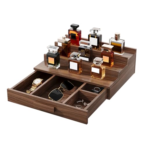 Solid Walnut Cologne Organizer for Men,Cologne Stand,3 Tier Wooden Cologne Holder Shelf Display,Perfume Stand Organizer with Drawer Storage,Gift for Men Dad Husband,Mens Valentines Day Gifts - color: Walnut 3 Tier