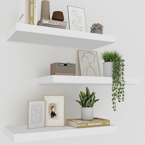 Upassion White Floating Shelves - Set of 3, 16" Wall Mounted Shelves for Home Decor, Living Room, Bedroom, Bathroom, Kitchen - color: White, size: 16 Inch