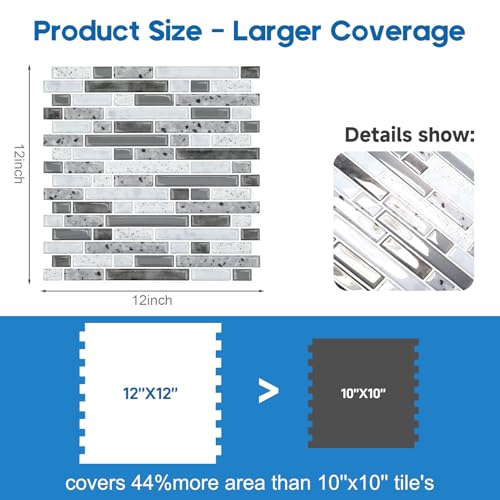Yipscazo 10 Sheets Peel and Stick Backsplash for Kitchen Wall, 12''x12'' Waterproof Stick on Backsplash Smart Tiles for Bathroom,Removable Backsplash Wall Tiles in Gray White - color: Gray White