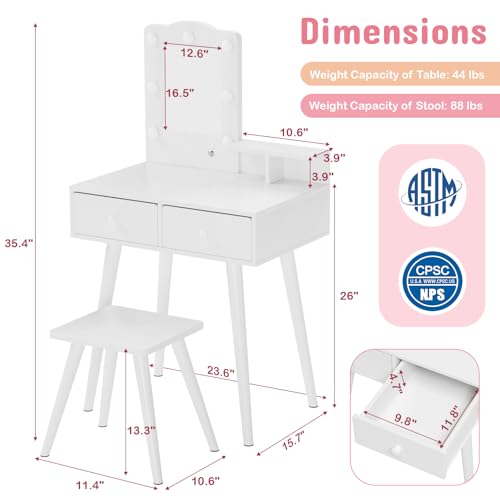 Arlopu Kids Vanity Set and Mirror, Wooden Pretend Play Vanity Table and Chair Set for Girls with Stool, Drawer, Princess Makeup Dress-Up Toy for Toddlers 3+Year Old (White) - color: White