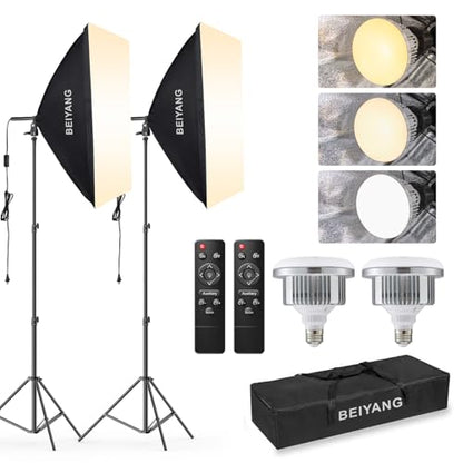 BEIYANG Softbox Lighting Kit, 2x20''x28'' Photography Soft Box with 2 pcs 85W 6000K E27 LED Socket LED Bulbs, Studio Lights for Photography/Video Recording/Live Streaming