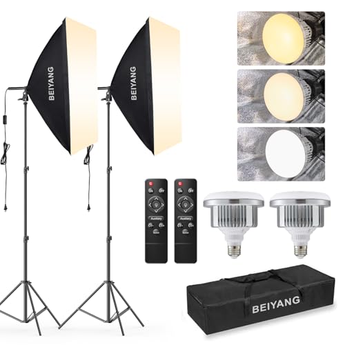 BEIYANG Softbox Lighting Kit, 2x20''x28'' Photography Soft Box with 2 pcs 85W 6000K E27 LED Socket LED Bulbs, Studio Lights for Photography/Video Recording/Live Streaming