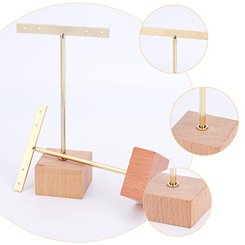 FINGERINSPIRE 3 Pcs Gold Metal T Bar Earring Display Stand with Wooden Square Base 4 Holes Jewelry Holders Hanging Earring Organizer for Store Retail Photography Props（4.7 & 5.5 &6.3 inch Height） - color: Gold- Wood Square Base, 4 Holes