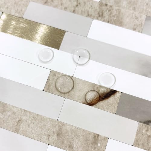 AULIGET 2 Sheets Faux Stone Peel and Stick Backsplash, Beige & White Marble Look PVC Wall Tile Stick on Backsplash for Kitchen and Bathroom - color: Beige & White Marble + Metal Gold, size: 2 Sheets, 6"x12"x0.12"