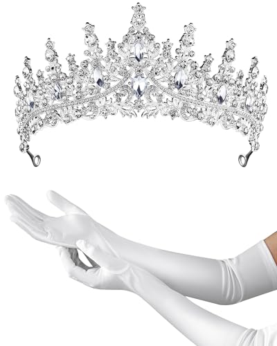 Princess Tiara Crown with Satin Gloves Set Crystal Headpiece for Graduation Prom and Party Photo Props - color: Silver, style: D