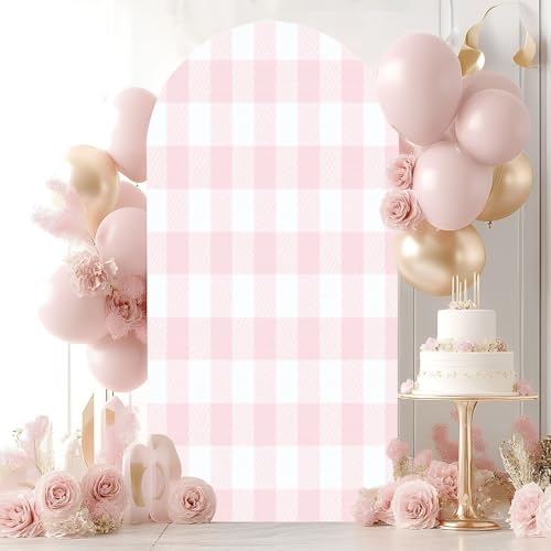 Wedding Arch Backdrop Cover 6.6FT Pink White Plaid Texture Seamless Fabric Checkered Gingham Spandex Fitted Arch Cover Round Top Stands Cover for Birthday Party Ceremony Banquet Decoration - size: 6.6x3.3 FT