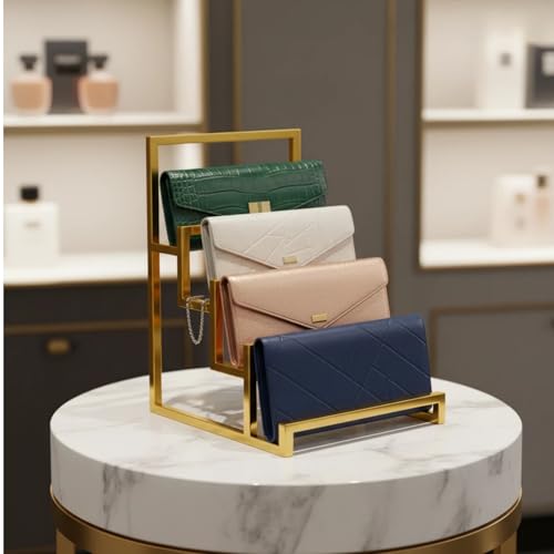 4-Tier Wallet Display Stand 2 Pack Gold , Metal Purse Organizer for Closet Countertop, Handbag Holder Rack Riser Shelf for Wallets Clutch Bags Retail Boutique Store Display - size: 4 - Layer