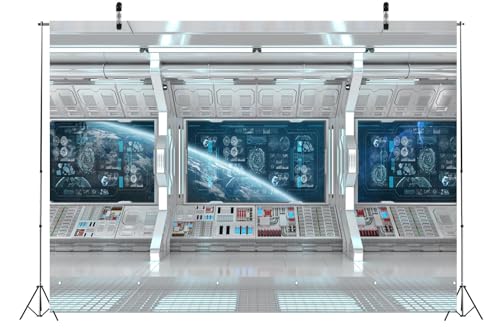 BELECO 10x8ft Fabric Spaceship Backdrop Futuristic Science Fiction Spacecraft Cabin, Universe Outer Space Earth Planet Background Space Station Party Decorations Photo Booth Shoot Studio Props - size: 10x8ft