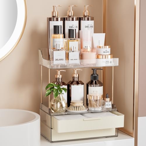 Delamu Bathroom Organizers and Storage, 2 Tier 2 Drawer Makeup Organizer Countertop, Easy to Install, Ideal for Bathroom Counter, Vanity, Ideal for Women Girls, Cream White - color: Cream White, size: 2Drawers 1 Pack