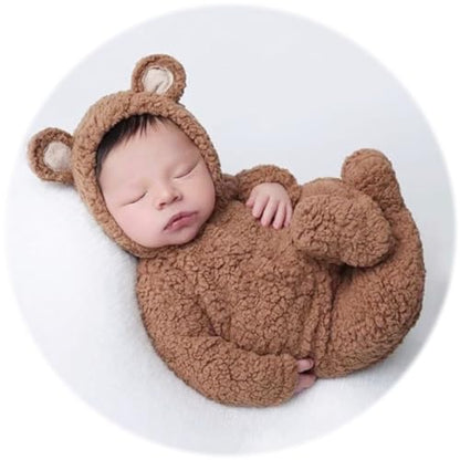 Zeroest Newborn Photography Props Boy Outfits Bear Baby Girl Photo Props Outfits Hat Footed Romper Sleeved Set for Photoshoot - color: Tan