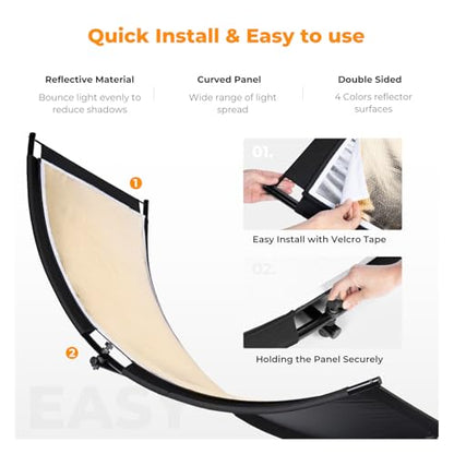 K&F CONCEPT U-Shape Reflector Curved Reflector 180x60cm with 4-in-1 Reflective Fabric, Black/Gold/White/Silver, with 1.9m Stand, with Storage Bag, for Photography Studios - size: 70.8*23.6inch