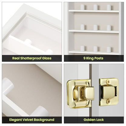 TJ.MOREE Championship Ring Display Case, 9 Ring Posts Baseball Ring Display Case, 8 x 10 Wall Mount Wooden Glass Shadow Box with Locks to Show Sport, Class, Fraternity, and Award Rings - White - color: 9 Posts-white-rectangle
