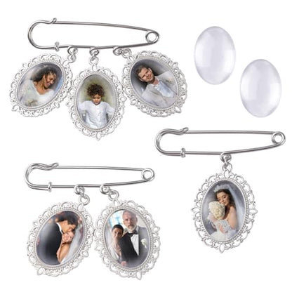 3Pcs Silver Wedding Bouquet Photo Charm Pins, Bouquet Charm for Gift Bridal Shower Graduation Memorial Photo Pin Brooch Making Kit for Mother