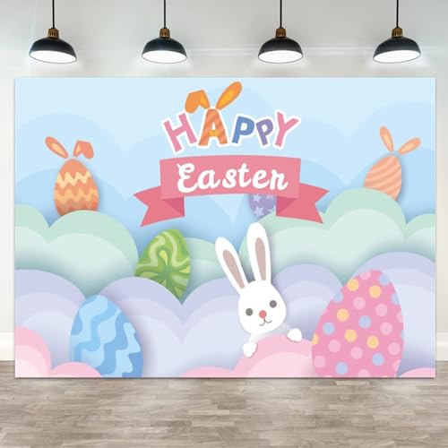 5x3ft Happy Easter Backdrop with Bunny and Colorful Eggs Spring Party Decoration Photo Background for Baby Shower Kids Portrait Photo Booth Studio Props Holiday Themed Banner - color: color 21, size: 5x3ft
