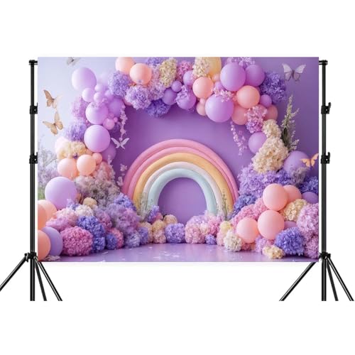7x5ft Purple Floral Balloons Backdrop, Birthday Party Portrait Decor Photography Background Kids Girl Baby Shower Banner Photo Studio Props - color: Purple, size: 7X5FT