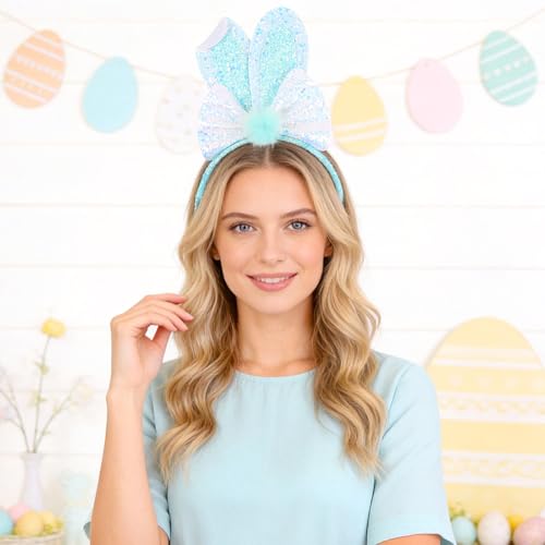 Totelux Easter Headband Bunny Ears Hair Band Glitter Sequins Rabbit Ears Hair Accessories for Women Girls Easter Party Favor Blue - color: Blue