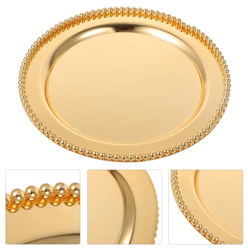 UKCOCO European Style Metal Fruit Dish Beaded Edge Mirror Finish 25cm Gold Food Serving Tray Dessert and Snack Display Plate for Home Storage and Photography Props
