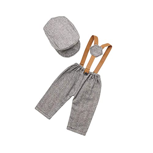 Newborn Monthly Baby Photo Props Stripe Checked Flat Cap Newsboy Suspender Pants Romper for Photography Outfits - color: Gray