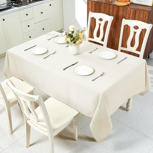 IVAPUPU Textured Linen Table Cloth for Rectangle Tables - Ivory Tablecloths Rectangular Waterproof Wrinkle Free Wipeable Dining Table Cover for Spring Wedding Birthday Kitchen Decor, 52 x 70 Inch - color: Ivory, size: 70" x 52" (Rectangular)