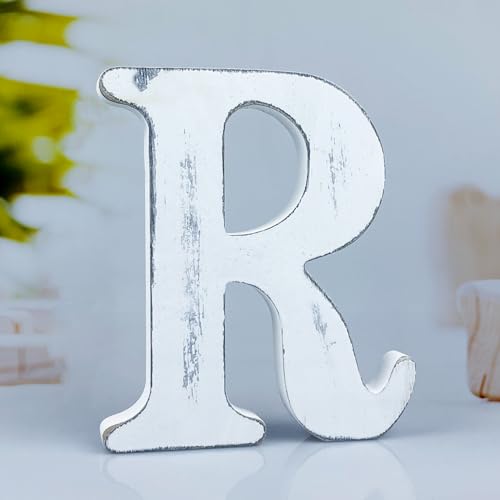 6 Inch Rustic White Wood Letters Unfinished Wood Letters for Wall Decorative White Retro Standing Letters Sign Board Decoration for Craft Home Party Projects (R) - color: R