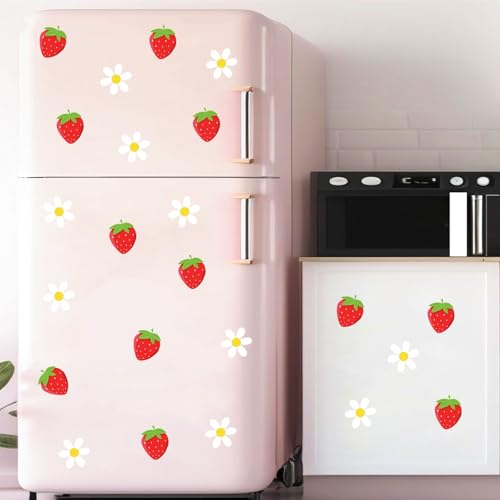 48pcs Strawberry Stickers for Balloon Arch Strawberries Theme Party Signs for Backdrop Kitchen Fruit Wall Stickers Daisy Flowers Berry First Crafts Decals for Baby Shower Girls Birthday Party Supplies - color: Red & White