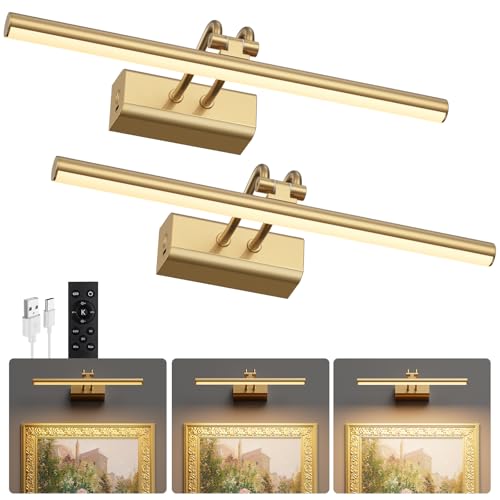 Battery Operated Wall Light for Living Room, 4000mAh Picture Light for Wall Set of 2, Remote & Touch Control, 3 Color Temps, Display for Gallery, Living Room, Bedroom(Gold) - color: Gold, size: 2Pack-13.8Inch