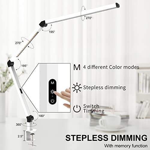 Micomlan LED Desk Lamp with Clamp, Dual Light Table Lamp with Adjustable Swing Arm, Eye-Care 4 CCT Modes & 5 Brightness Levels Clip-on Architect Modern Desk Light for Home Office Crafting Sewing - color: White+Touch