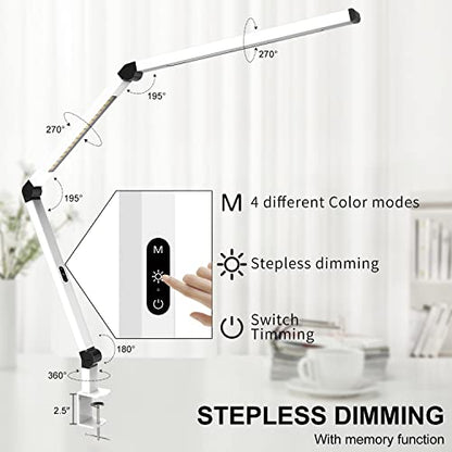 Micomlan LED Desk Lamp with Clamp, Dual Light Table Lamp with Adjustable Swing Arm, Eye-Care 4 CCT Modes & 5 Brightness Levels Clip-on Architect Modern Desk Light for Home Office Crafting Sewing - color: White+Touch