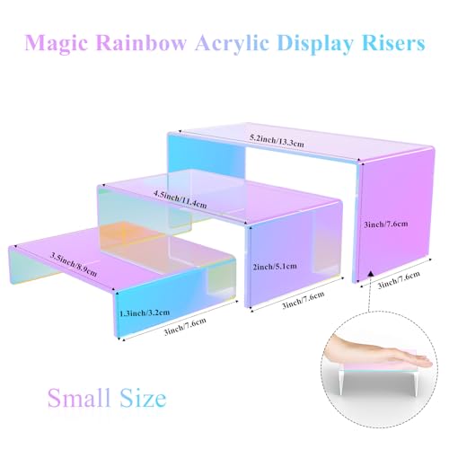 12 PCs Iridscent Risers Display Stands 3 Tiers Desktop Acrylic Shelves Small Cake Dessert Holder Products Stand for Collectibles Shoes Jewels Pop Figure (Iridescent2) - color: Iridescent 12 PCs
