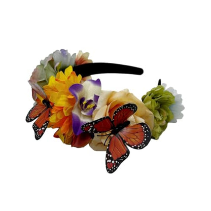 Elegant Butterfly Flower Headband for Women Boho Handmade Rose Floral Crown Wedding Bridal Festivals Cosplay Prom Photo Props Headpiece (C2 yellow, Adjustable) - color: C2 yellow